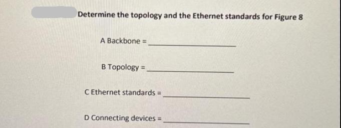 Determine the topology and the Ethernet standards for Figure 8 A Backbone = B Topology= C Ethernet standards