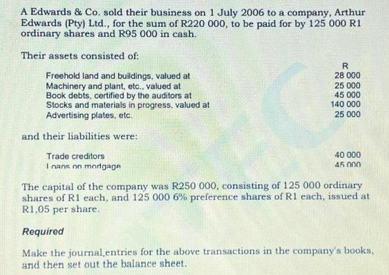A Edwards & Co. sold their business on 1 July 2006 to a company, Arthur Edwards (Pty) Ltd., for the sum of
