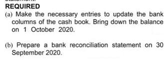 REQUIRED (a) Make the necessary entries to update the bank columns of the cash book. Bring down the balance