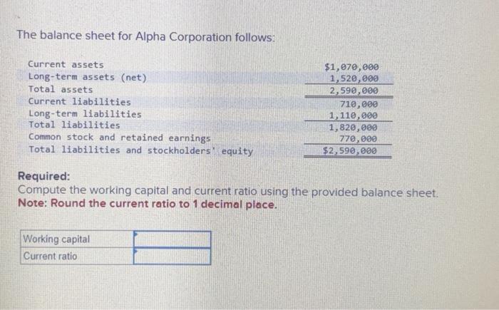 The balance sheet for Alpha Corporation follows: Current assets. Long-term assets (net) Total assets Current