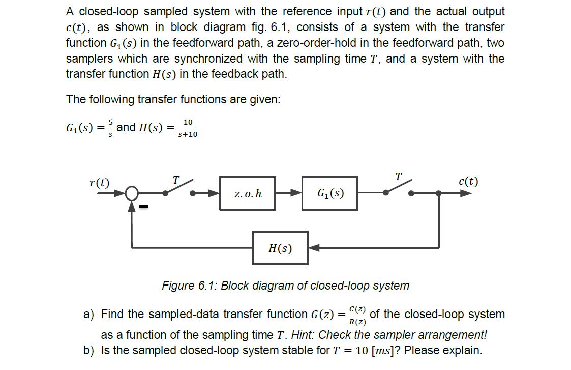 A closed-loop sampled system with the reference input r(t) and the actual output c(t), as shown in block