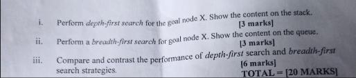 1. ii. iii. Perform depth-first search for the goal node X. Show the content on the stack. [3 marks] Perform