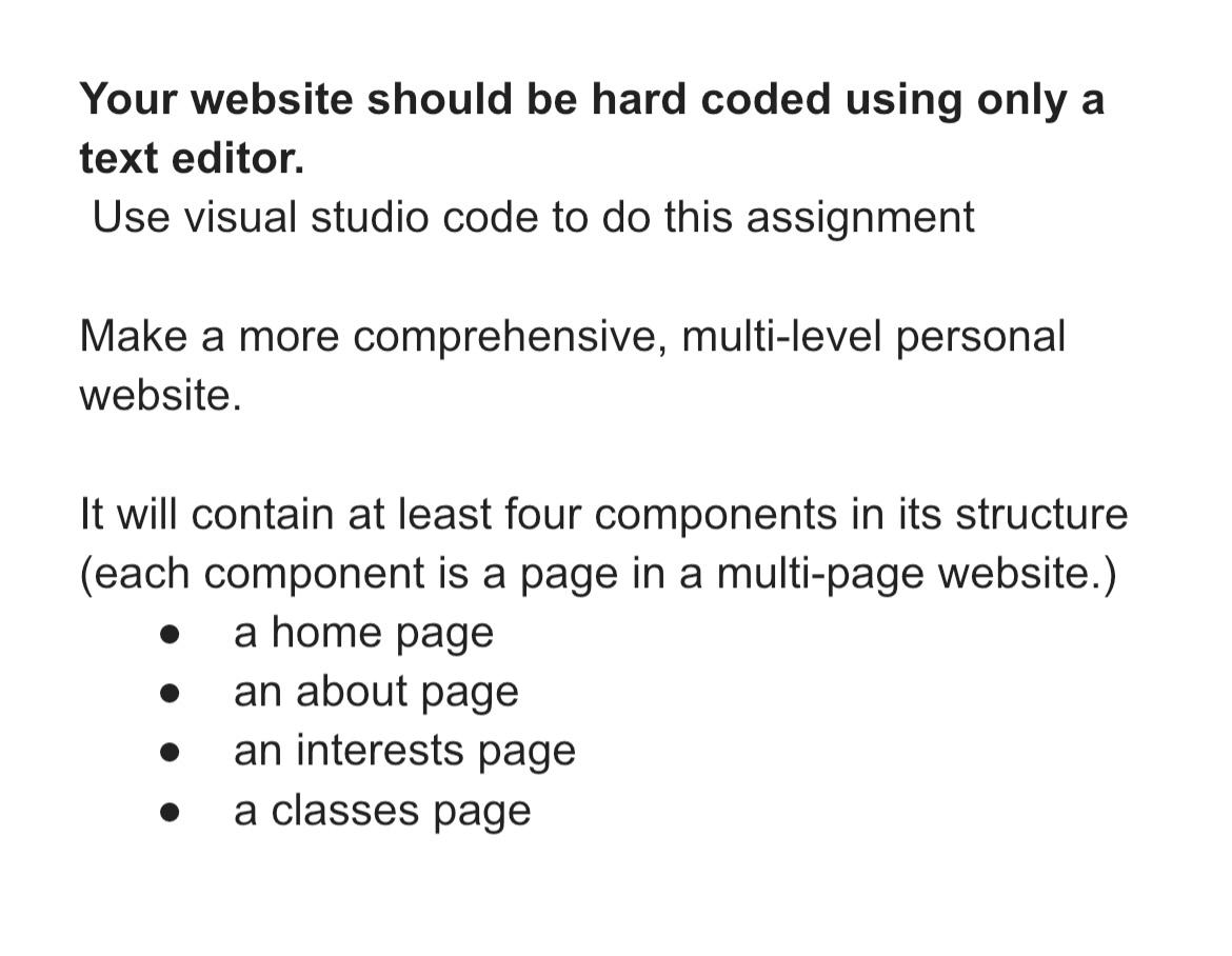 Your website should be hard coded using only a text editor. Use visual studio code to do this assignment Make