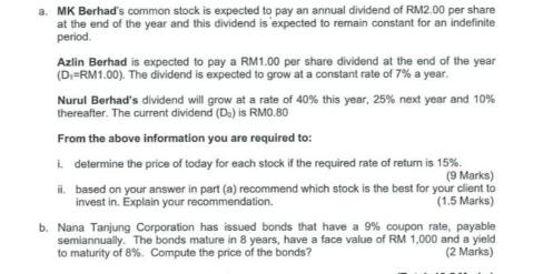 a. MK Berhad's common stock is expected to pay an annual dividend of RM2.00 per share. at the end of the year