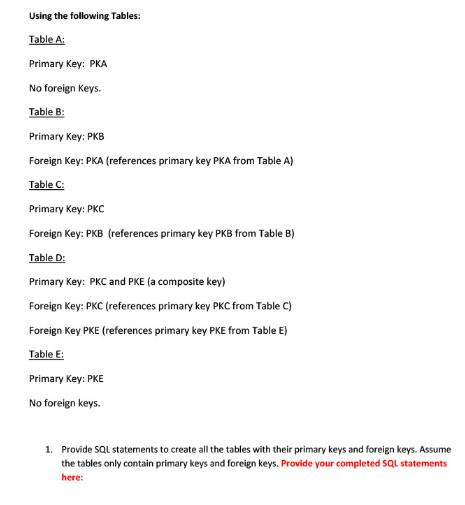 Using the following Tables: Table A: Primary Key: PKA No foreign Keys. Table B: Primary Key: PKB Foreign Key: