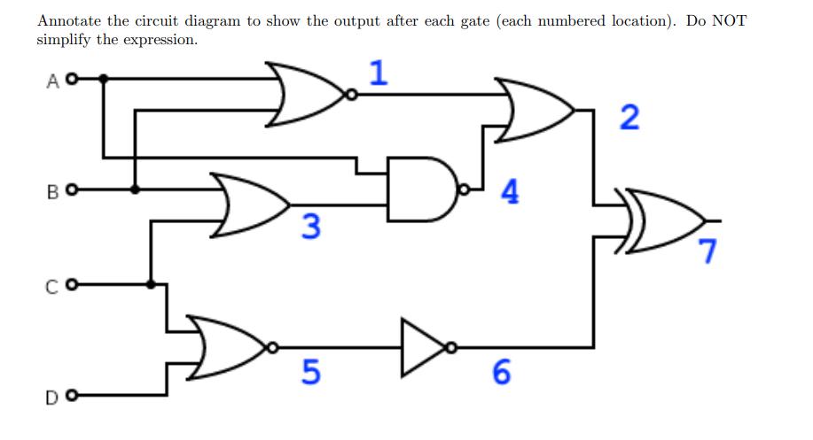Annotate the circuit diagram to show the output after each gate (each numbered location). Do NOT simplify the