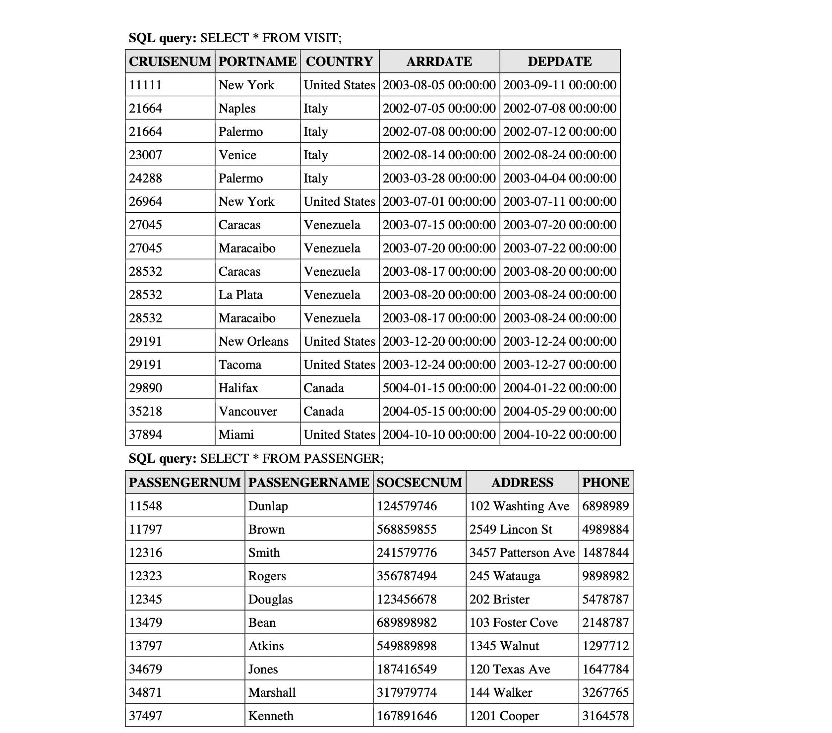 SQL query: SELECT * FROM VISIT; CRUISENUM PORTNAME New York United States Naples Italy Italy Palermo Venice