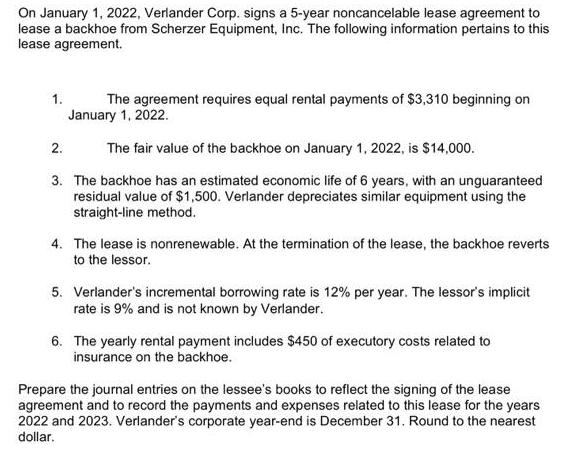 On January 1, 2022, Verlander Corp. signs a 5-year noncancelable lease agreement to lease a backhoe from