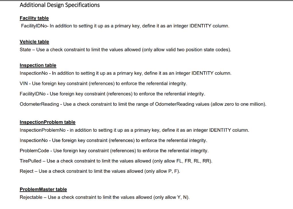 Additional Design Specifications Facility table FacilityIDNo- In addition to setting it up as a primary key,