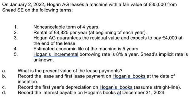 On January 2, 2022, Hogan AG leases a machine with a fair value of 35,000 from Snead SE on the following