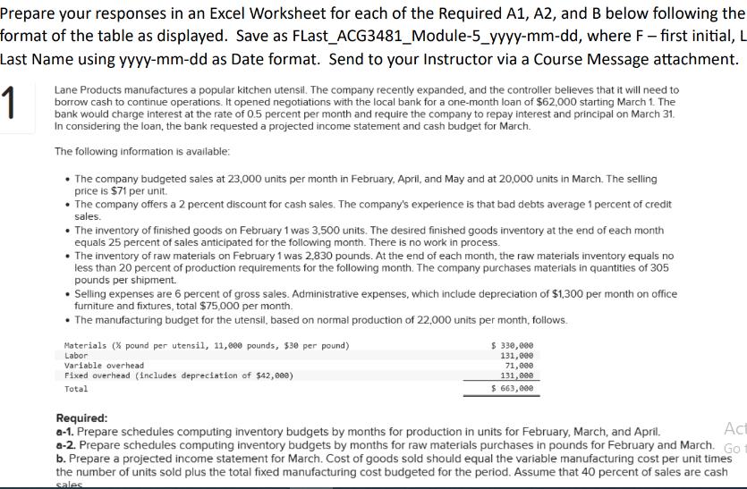 Prepare your responses in an Excel Worksheet for each of the Required A1, A2, and B below following the where