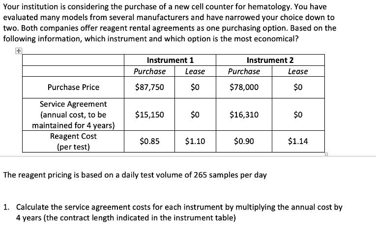 Your institution is considering the purchase of a new cell counter for hematology. You have evaluated many