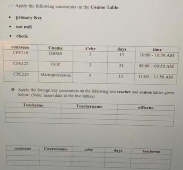 Apply the following constraints on the Course Table:  primary Key . not null . check courseno CPE210 CPE122