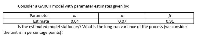 Consider a GARCH model with parameter estimates given by: Parameter Estimate  0.91 0.04 0.07 Is the estimated