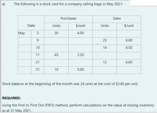 The following is a stock card for a company selling bags in May 2021: May Date 3 9 10 11 21 31 Units 30 45