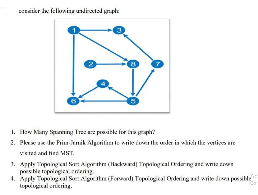 consider the following undirected graph: 1 6 2 4 3 8 5 7 1. How Many Spanning Tree are possible for this