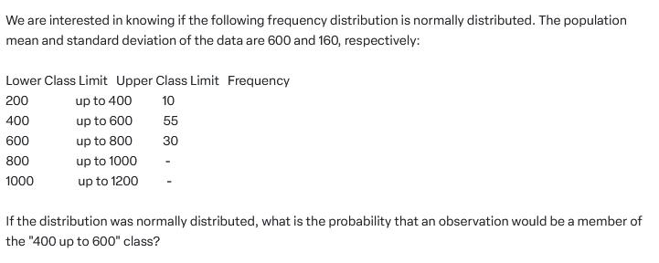We are interested in knowing if the following frequency distribution is normally distributed. The population