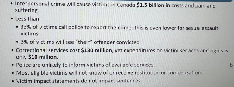 Interpersonal crime will cause victims in Canada $1.5 billion in costs and pain and suffering.  Less than: 