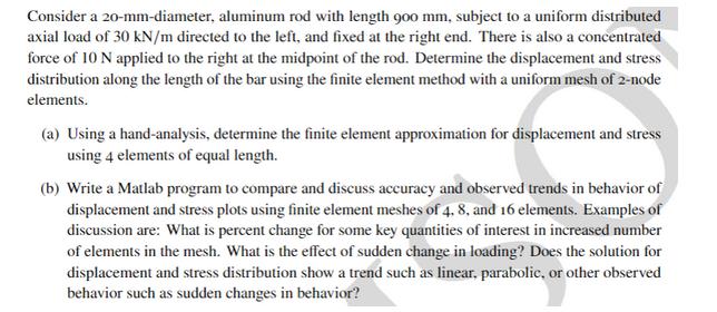 Consider a 20-mm-diameter, aluminum rod with length 900 mm, subject to a uniform distributed axial load of 30