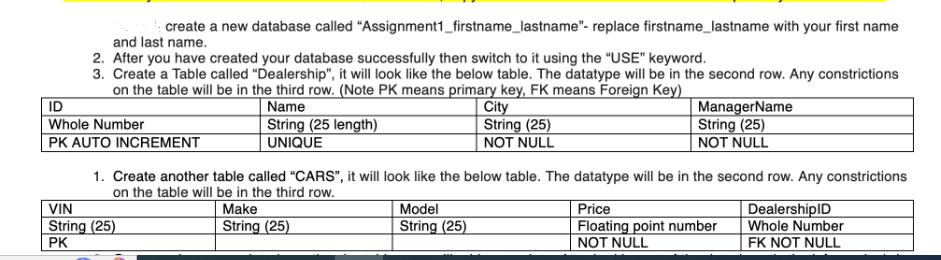 create a new database called "Assignment1_firstname_lastname"- replace firstname_lastname with your first