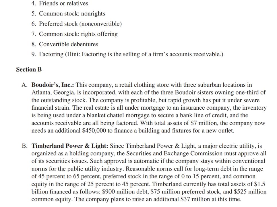 4. Friends or relatives 5. Common stock: nonrights 6. Preferred stock (nonconvertible) 7. Common stock: