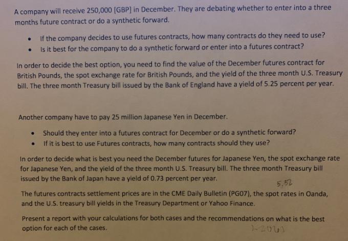 A company will receive 250,000 [GBP] in December. They are debating whether to enter into a three months
