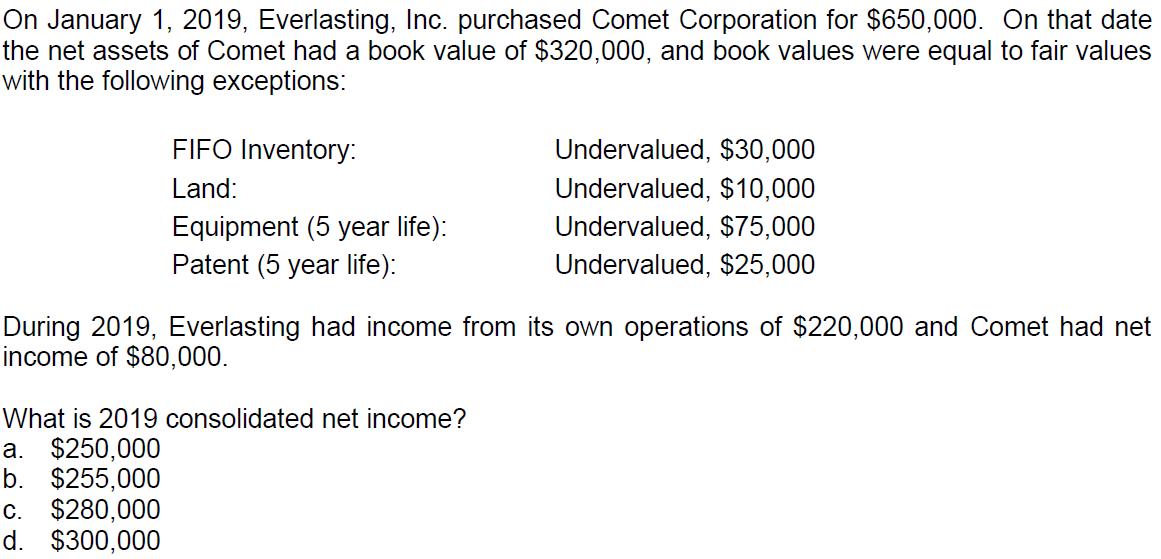 On January 1, 2019, Everlasting, Inc. purchased Comet Corporation for $650,000. On that date the net assets