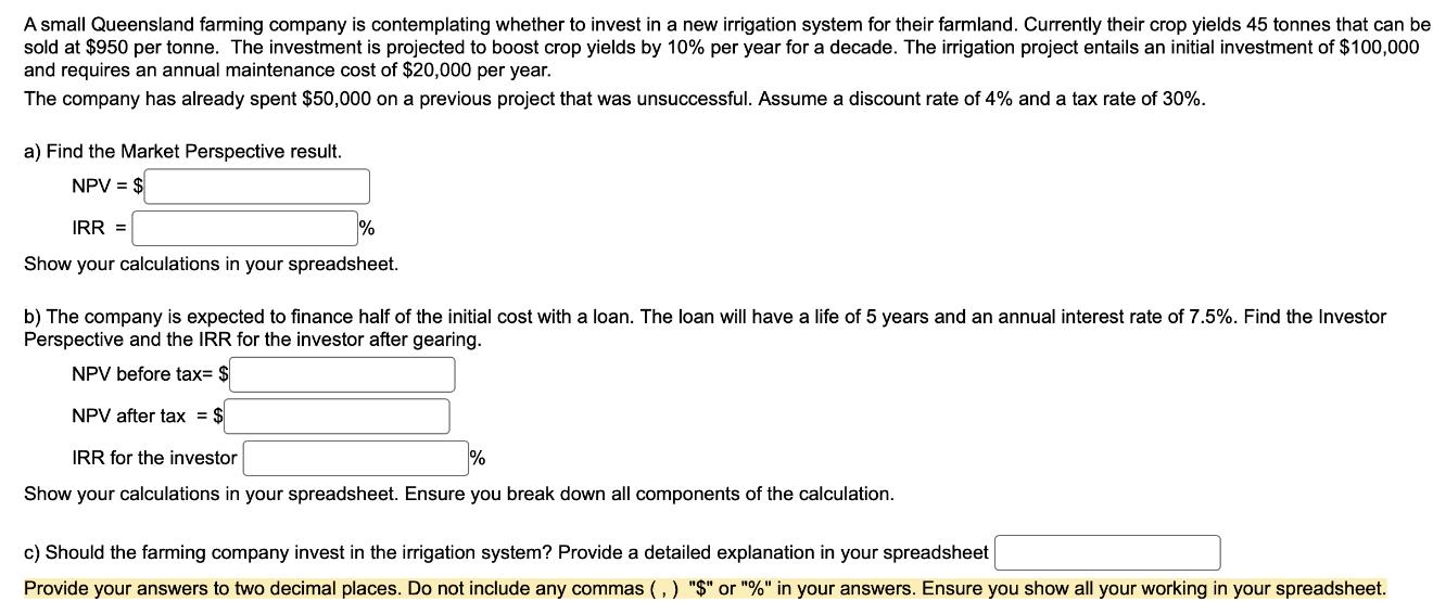 A small Queensland farming company is contemplating whether to invest in a new irrigation system for their