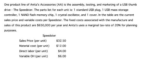 One product line of Anita's Accessories (AA) is the assembly, testing, and marketing of a USB thumb drive -