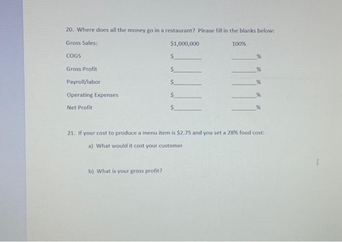 20. Where does all the money go in a restaurant? Please fill in the blanks below: Gross Sales: $1,000,000