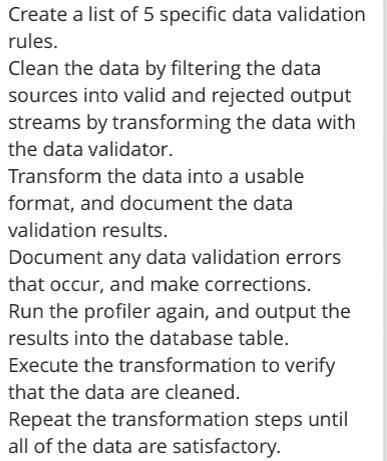 Create a list of 5 specific data validation rules. Clean the data by filtering the data sources into valid