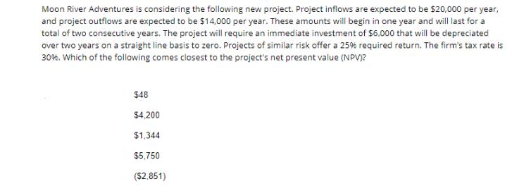 Moon River Adventures is considering the following new project. Project inflows are expected to be $20,000