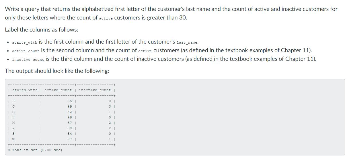 Write a query that returns the alphabetized first letter of the customer's last name and the count of active