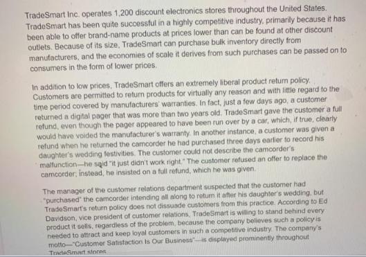 TradeSmart Inc. operates 1,200 discount electronics stores throughout the United States. TradeSmart has been