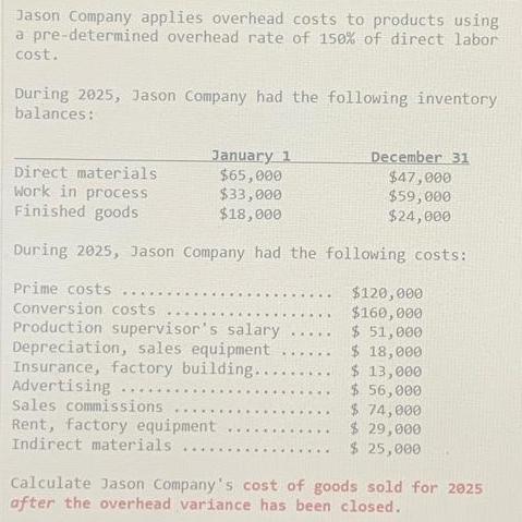 Jason Company applies overhead costs to products using a pre-determined overhead rate of 150% of direct labor