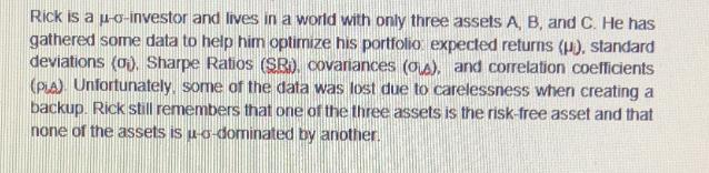 Rick is a u-o-investor and lives in a world with only three assets A, B, and C. He has gathered some data to