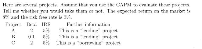Here are several projects. Assume that you use the CAPM to evaluate these projects. Tell me whether you would