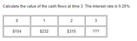 Calculate the value of the cash flows at time 3. The interest rate is 9.20%. 0 $104 1 $232 2 $315 3 ???