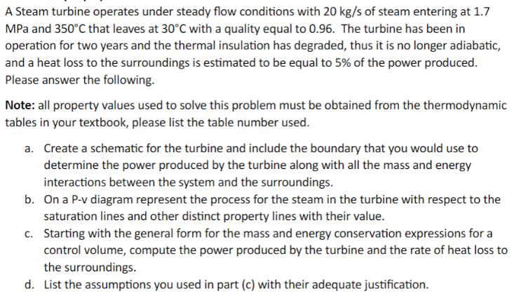 A Steam turbine operates under steady flow conditions with 20 kg/s of steam entering at 1.7 MPa and 350C that
