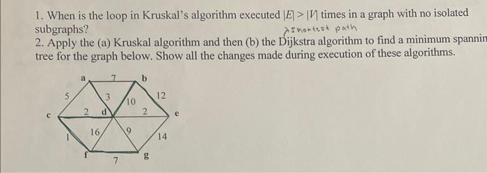 1. When is the loop in Kruskal's algorithm executed [E] > V times in a graph with no isolated subgraphs?