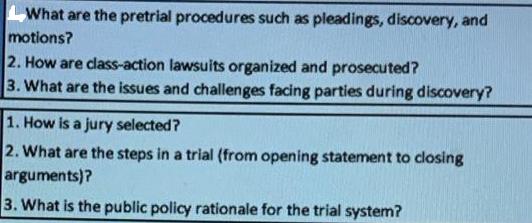 What are the pretrial procedures such as pleadings, discovery, and motions? 2. How are class-action lawsuits