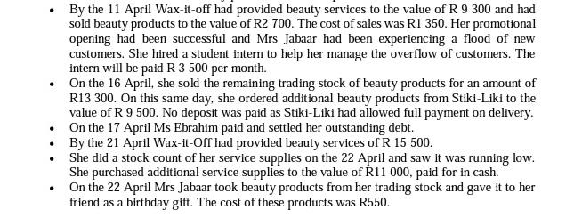 . . By the 11 April Wax-it-off had provided beauty services to the value of R 9 300 and had sold beauty