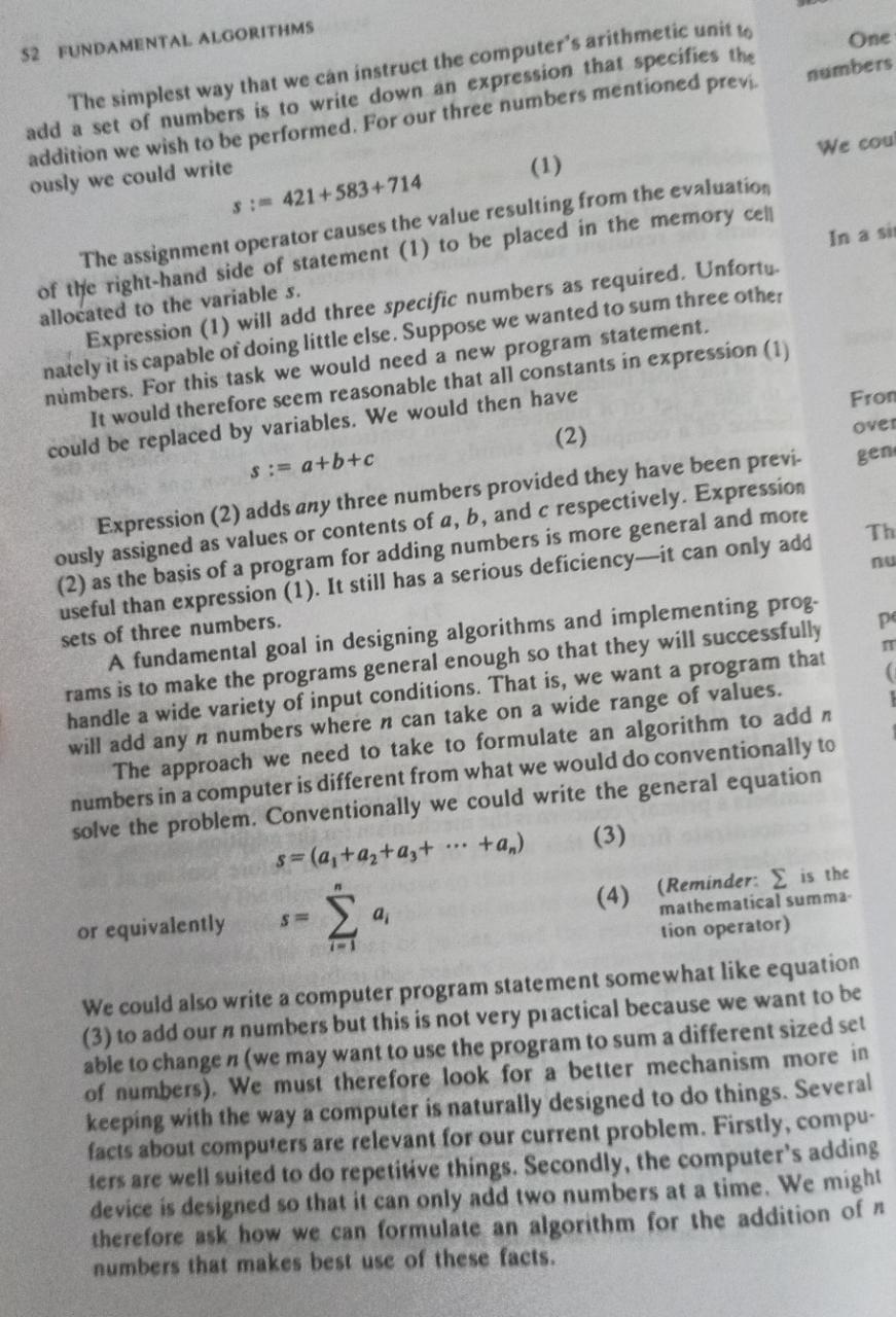 52 FUNDAMENTAL ALGORITHMS The simplest way that we can instruct the computer's arithmetic unit to add a set