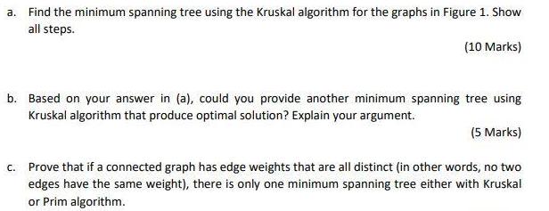a. Find the minimum spanning tree using the Kruskal algorithm for the graphs in Figure 1. Show all steps. (10