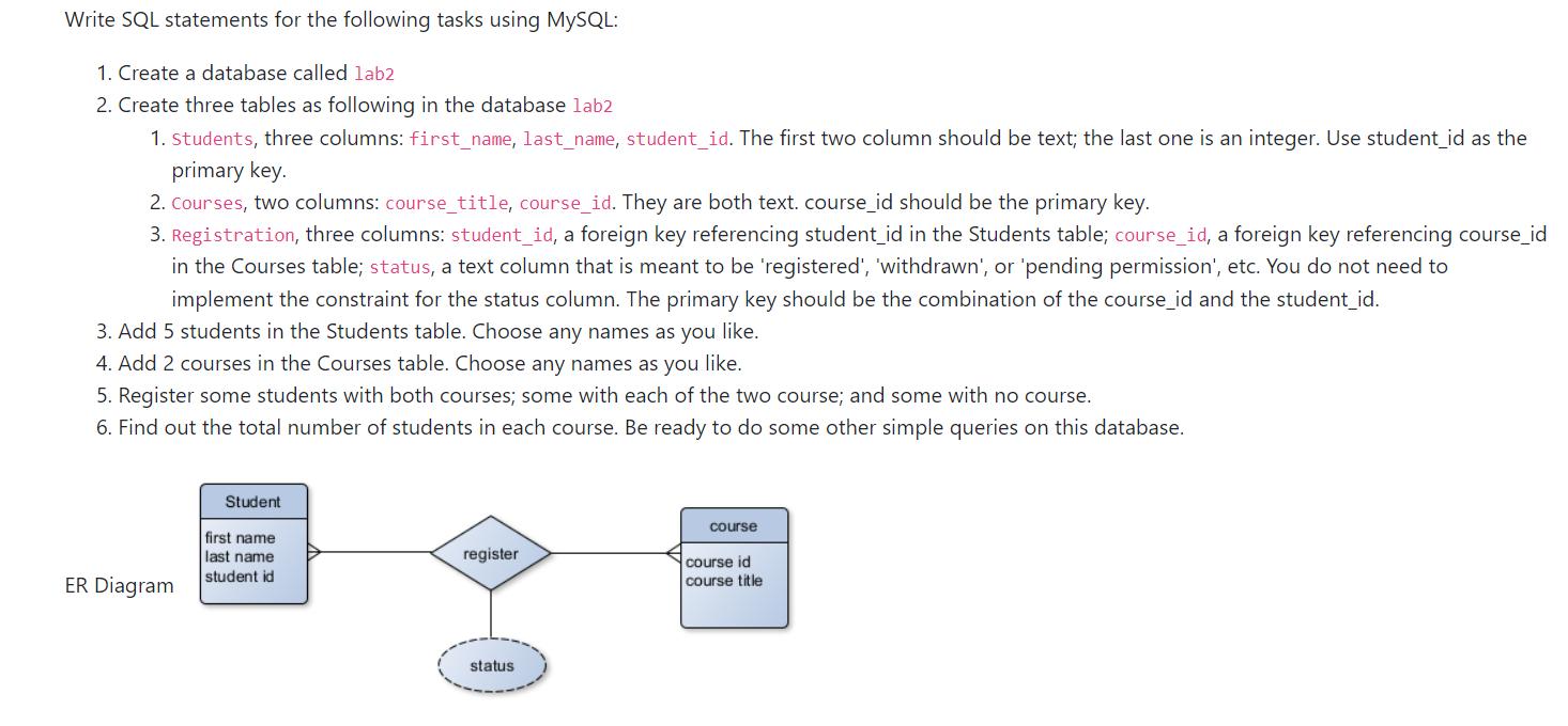 Write SQL statements for the following tasks using MySQL: 1. Create a database called lab2 2. Create three
