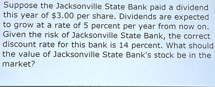 Suppose the Jacksonville State Bank paid a dividend this year of $3.00 per share. Dividends are expected to