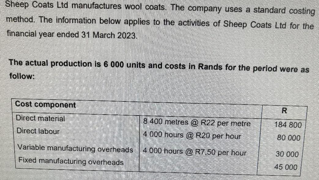 Sheep Coats Ltd manufactures wool coats. The company uses a standard costing method. The information below