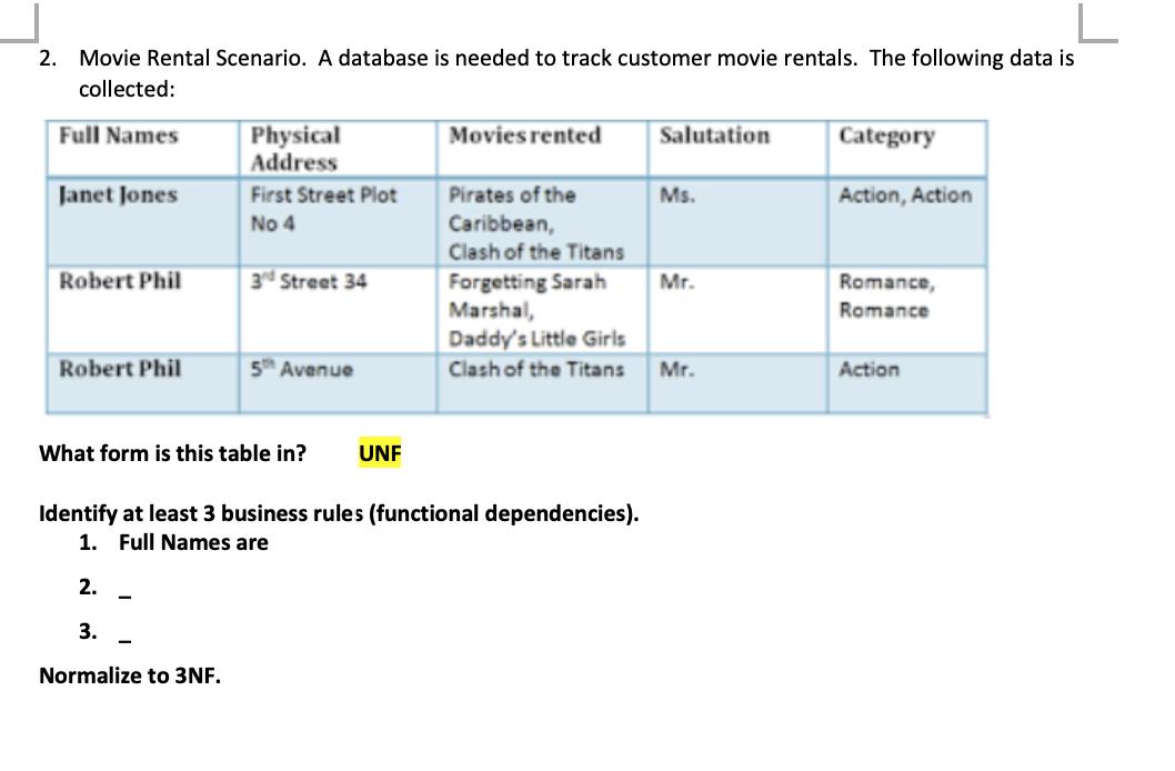 2. Movie Rental Scenario. A database is needed to track customer movie rentals. The following data is