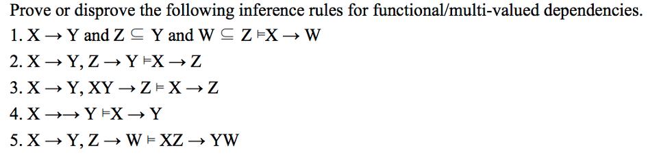 Prove or disprove the following inference rules for functional/multi-valued dependencies. 1. X Y and Z Y and