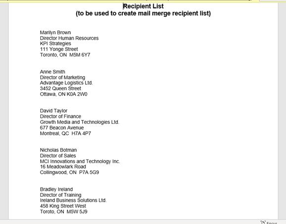 Recipient List (to be used to create mail merge recipient list) Marilyn Brown Director Human Resources KPI